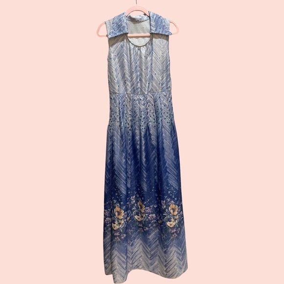 Vintage 70s Lurex Maxi Dress with Floral Motif and Dagger Collar